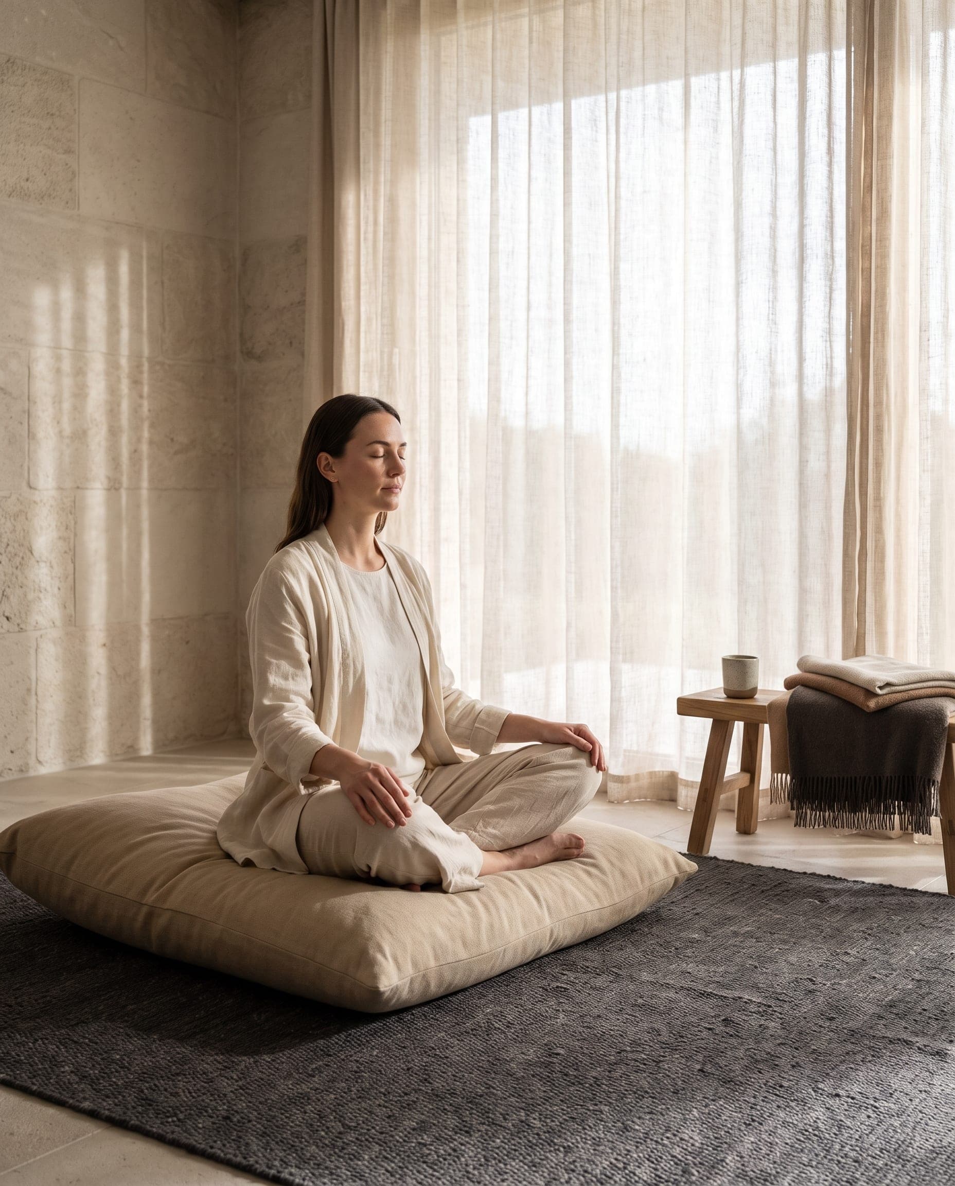 Resident practicing breathwork in an amenity lounge