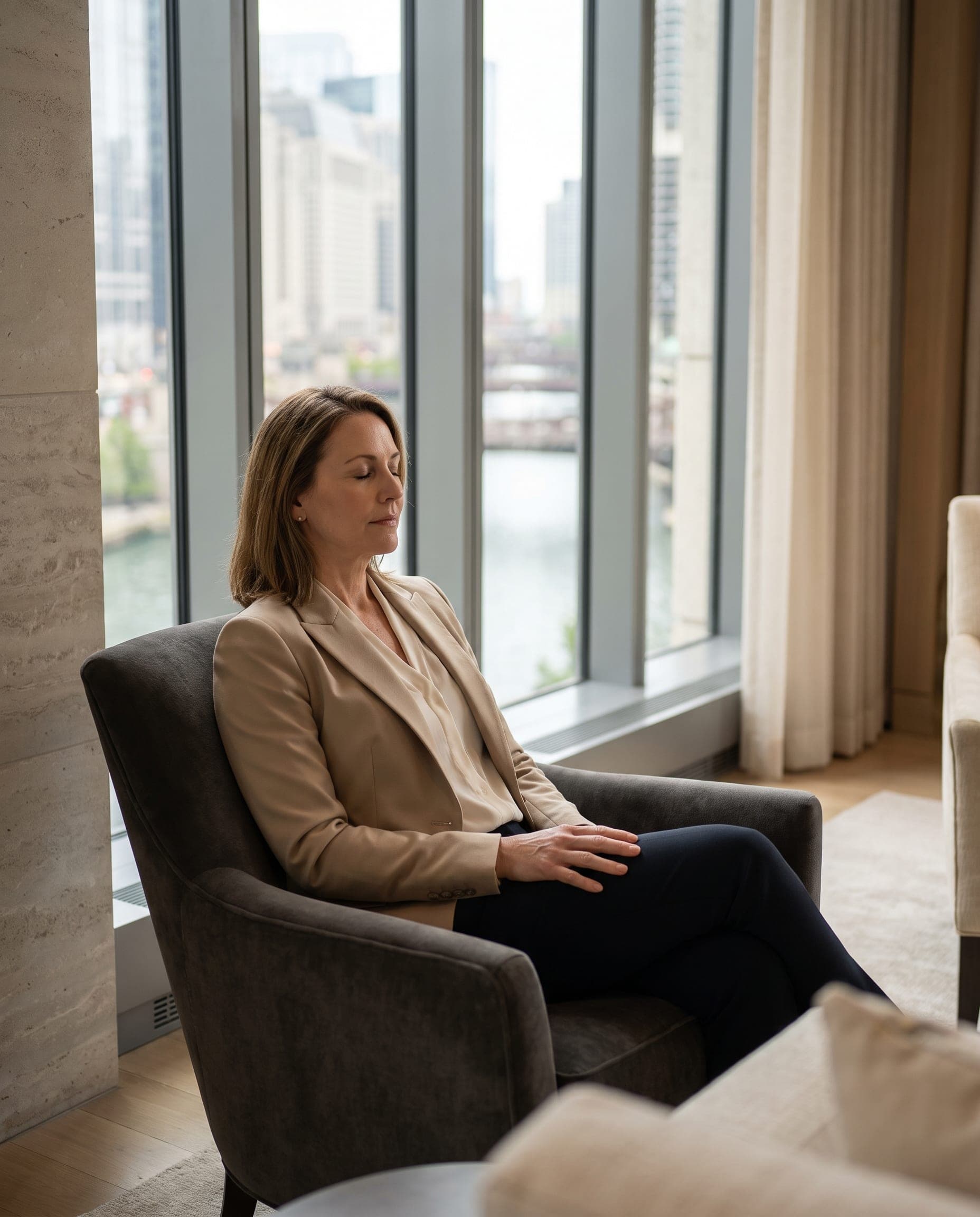 Executive taking a breathing break by an office window overlooking the Chicago River
