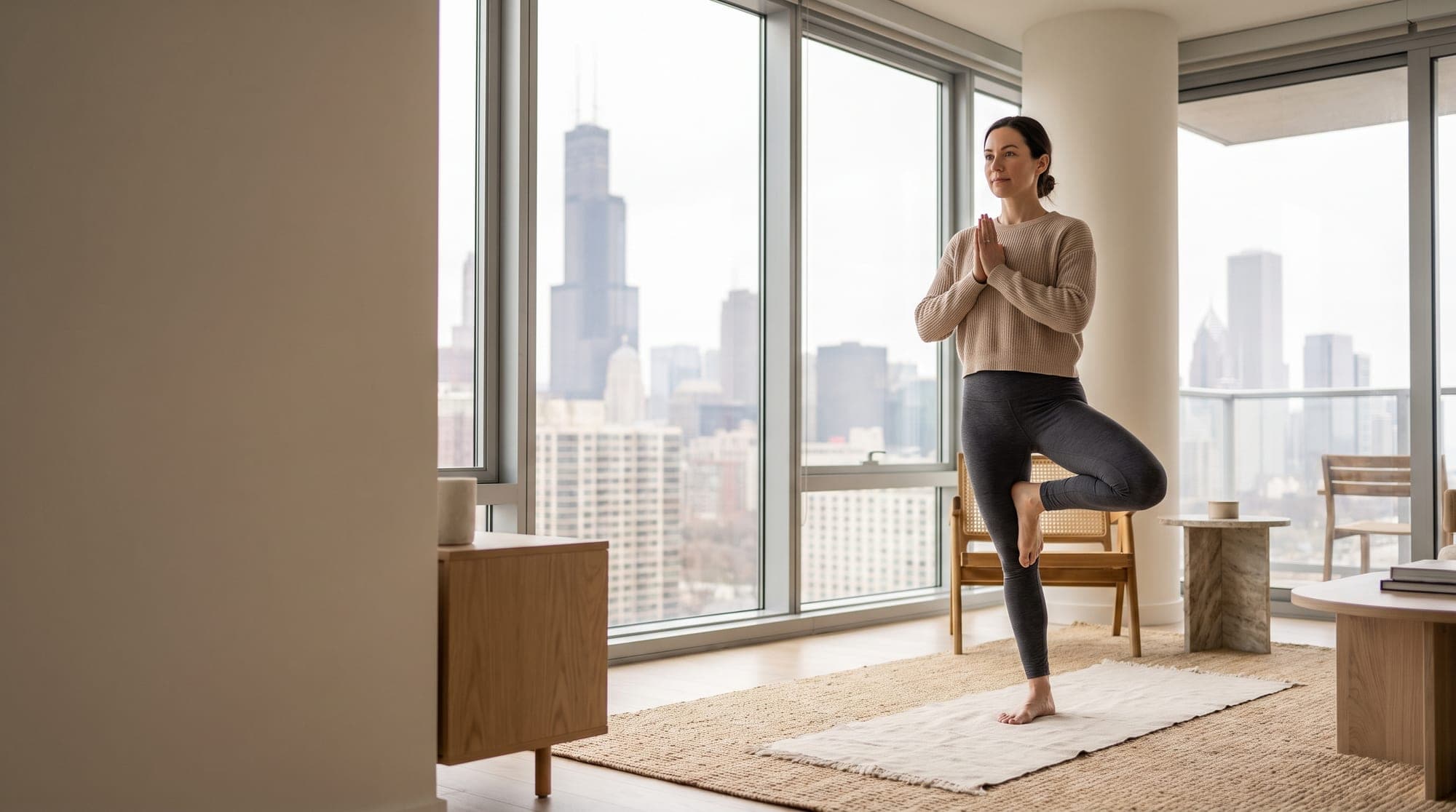 Private yoga session in a downtown Chicago high-rise apartment