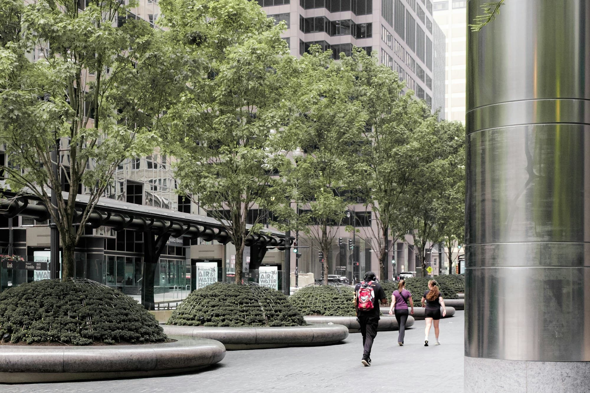 Downtown Chicago plaza on a summer morning